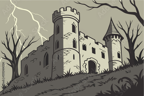 Spooky Old Castle with Lightning in the Background vector illustration