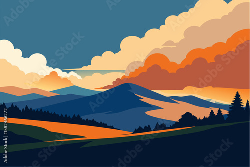 Vibrant sunset over rolling mountains and dramatic clouds