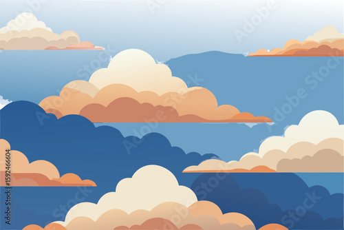 Stylized clouds in a vibrant blue sky with warm orange hues