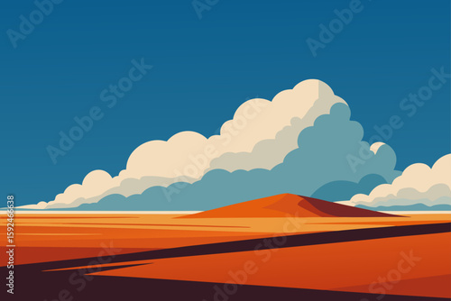 Vast desert landscape under dramatic cumulus clouds and blue sky