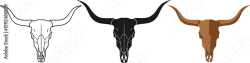 Three bull skulls are displayed in a row, showcasing different artistic styles from line art to solid black and a brown shaded version, perfect for western or graphic design themes.