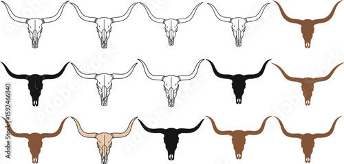 Collection of longhorn skull illustrations in various colors and styles, showcasing a western theme perfect for graphic design projects, tattoo art, or decorative elements.