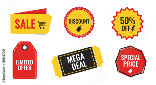 A vibrant collection of colorful graphic sales tags and discount labels for retail promotions, isolated on a clean white background, perfect for advertising.