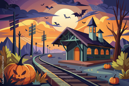 Abandoned Train Station with Pumpkins and Bats vector illustration