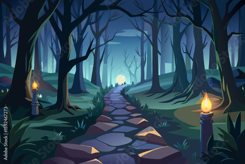 Candlelit Path Through a Haunted Forest vector illustration
