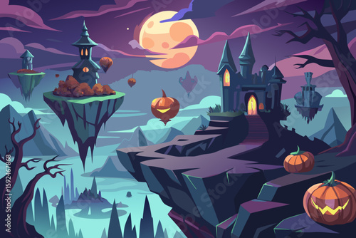 Dark Fantasy Landscape with Floating Pumpkins vector illustration