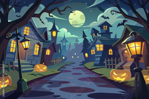 Halloween Street with Floating Lanterns and Fog vector illustration