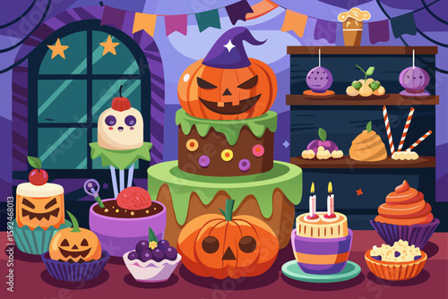 Spooky Sweet Treats on Halloween Dessert Table vector illustration