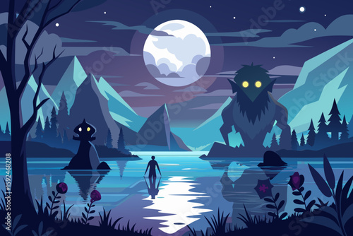 Moonlit Lake with Silhouettes of Monsters vector illustration