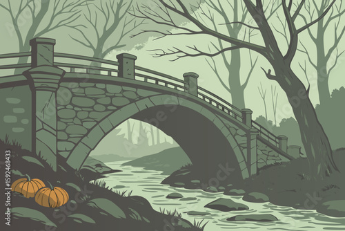 Jack o' Lanterns on an Old Bridge Over a Foggy River vector illustration