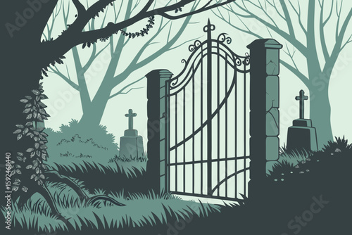 Old Graveyard Gate Opening by Itself vector illustration