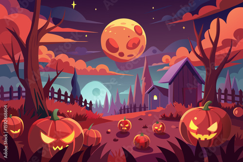 Pumpkin Patch Under a Blood Moon vector illustration