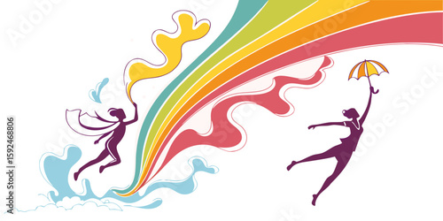 Joyful Women Silhouettes Leaping Through Abstract Rainbow, Whimsical, Uplifting Design