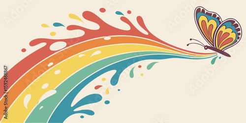 Retro Rainbow Splash with Colorful Butterfly: Joyful, Whimsical Design Element
