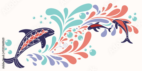Playful Dolphins Leaping Through Abstract Coral and Teal Water Splashes