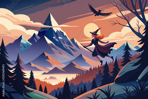 Witch Flying Over Mountain with Black Cat vector illustration