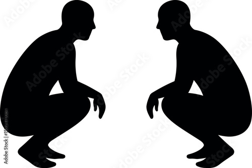 Two people squatting facing each other silhouette