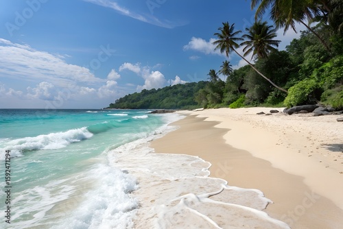 Beautiful tropical beach with white sand and sea with white frothy waves on Phuket, Thailand. Minimal composition with neutral colors.
