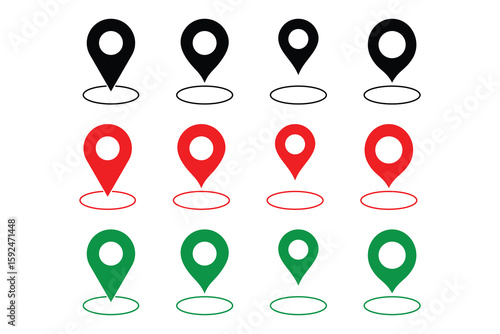 Colorful location pointer icon set with black red green pin marker for map navigation GPS tracking and route interface vector.