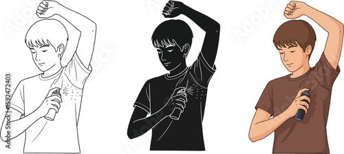 Three illustrations showcase a young man applying deodorant under his arm, highlighting personal hygiene and grooming in different artistic styles.