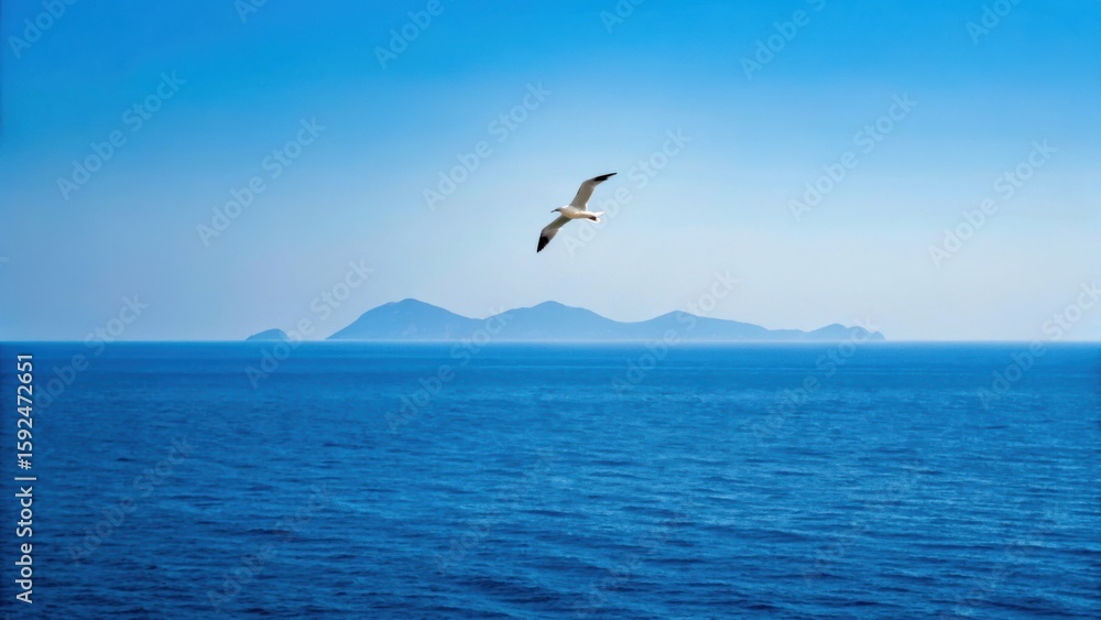 Naklejka premium A serene ocean scene with a bird soaring above calm waters and distant islands under a clear blue sky.