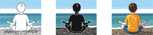 Three illustrations showcase a boy meditating on a pebble beach with the ocean in the background, depicted in line art, silhouette, and full color, promoting wellness and mindfulness.