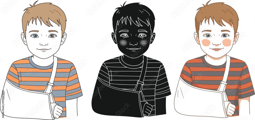Obraz premium Cartoon illustration showcases a young boy with a broken arm in a sling, depicted in both color and silhouette, highlighting themes of childhood injury and recovery.