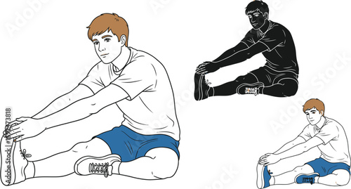 A cartoon illustration showcases a man stretching his leg, depicted in three variations including a silhouette, ideal for fitness, health, and exercise related content.