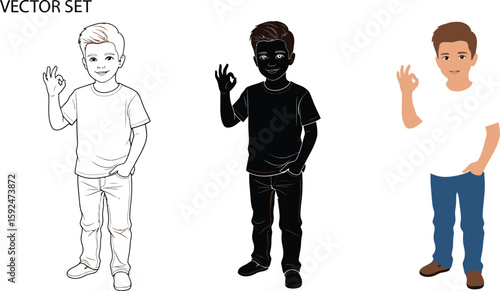 A vector set showcases a young boy in three distinct styles outline, silhouette, and full color, each striking a confident pose with an OK hand gesture and casual attire.