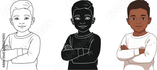 Cartoon illustration showcases a young boy in three styles outline, silhouette, and color, highlighting diversity and artistic representation of childhood innocence and charm.