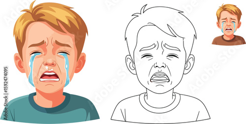 Cartoon illustration showcases a crying boy with tears streaming down his face, alongside a black and white line art version, perfect for coloring books or educational materials.