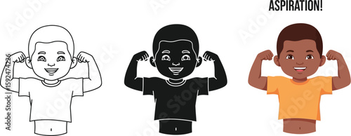 A cheerful cartoon showcases a young boy flexing his biceps, presented in three styles line art, solid black silhouette, and fully colored illustration, symbolizing strength and aspiration.