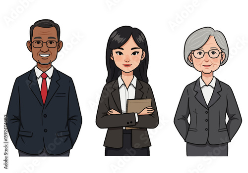 Cartoon illustration of three business professionals, diverse in ethnicity, in formal business attire.