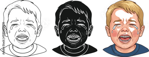 Illustration showcases a crying boy with braces in three styles line art, silhouette, and full color, highlighting childhood emotions and dental care in a stylized design.