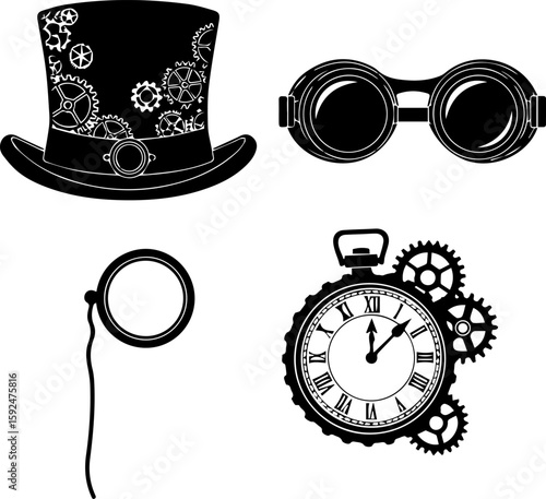 Steampunk accessories top hat goggles monocle and pocket watch