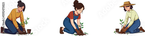 Woman planting young tree vector illustration showing gardening activity with soil and small plant in different outfits and poses