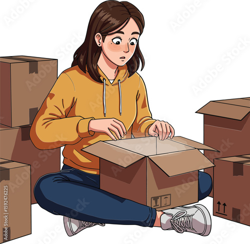 Young woman sitting on floor opening cardboard box surrounded by packed boxes in casual clothes vector illustration