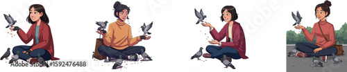Woman feeding pigeons outdoors sitting on ground in casual clothing with urban nature scene vector illustration