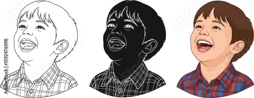 Illustration showcasing a joyful boy in three styles line art, silhouette, and full color, capturing his infectious laughter and youthful exuberance, perfect for children's content.