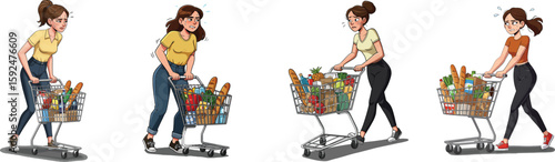Young women pushing shopping carts with groceries in casual outfits carrying bags and products