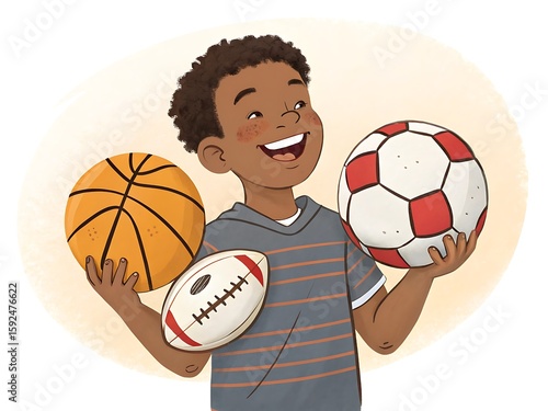 Illustration of a happy boy holding a basketball, football, and soccer ball in his hands smiling ai genrated