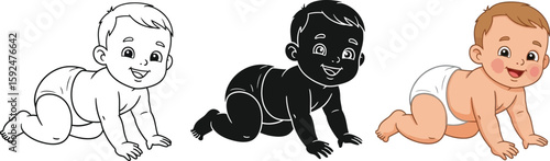 Three adorable baby cartoons showcase developmental stages, from line art to silhouette and full color, capturing the joy of infancy and early childhood milestones.