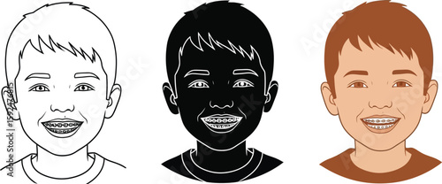 Illustration showcases a smiling boy with braces in three distinct styles outline, silhouette, and full color, perfect for dental health campaigns and educational materials.