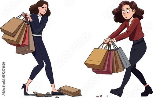 Woman struggling with heavy shopping bags and dropping items during busy shopping day vector illustration