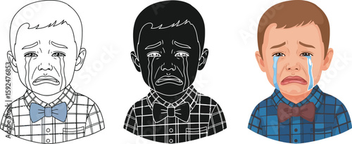 A crying boy illustration showcases three versions line art, silhouette, and colored rendering, highlighting sadness and emotion, perfect for educational or emotional concept designs.