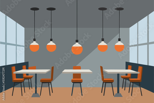 Modern empty restaurant dining room interior with stylish chairs and tables