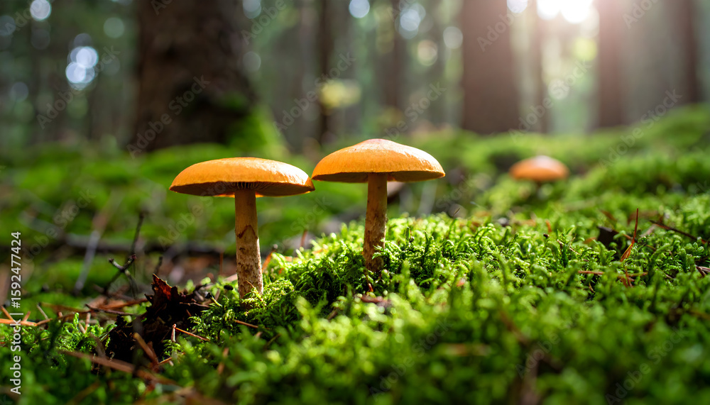 Fototapeta premium Orange Mushrooms on Lush Green Moss in a Forest