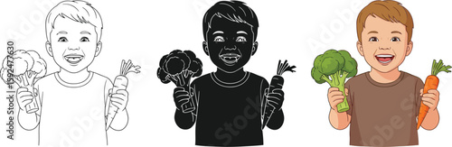Cartoon illustration of a happy young boy holding fresh broccoli and a carrot, showcasing healthy eating habits and the joy of vegetables in a child's life.