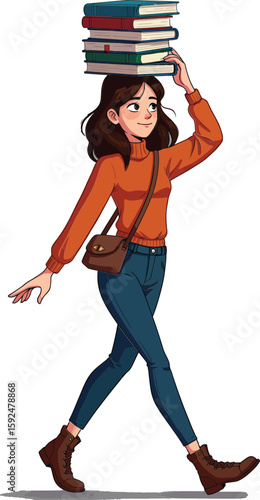 Young woman balancing stack of books on head walking confidently with casual autumn outfit and crossbody bag vector illustration