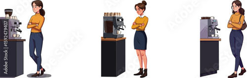 Woman using coffee machine preparing fresh espresso in modern kitchen vector illustration